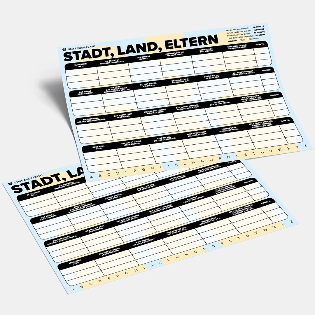 Stadt, Land, Fluss Spiel für Elternpaare