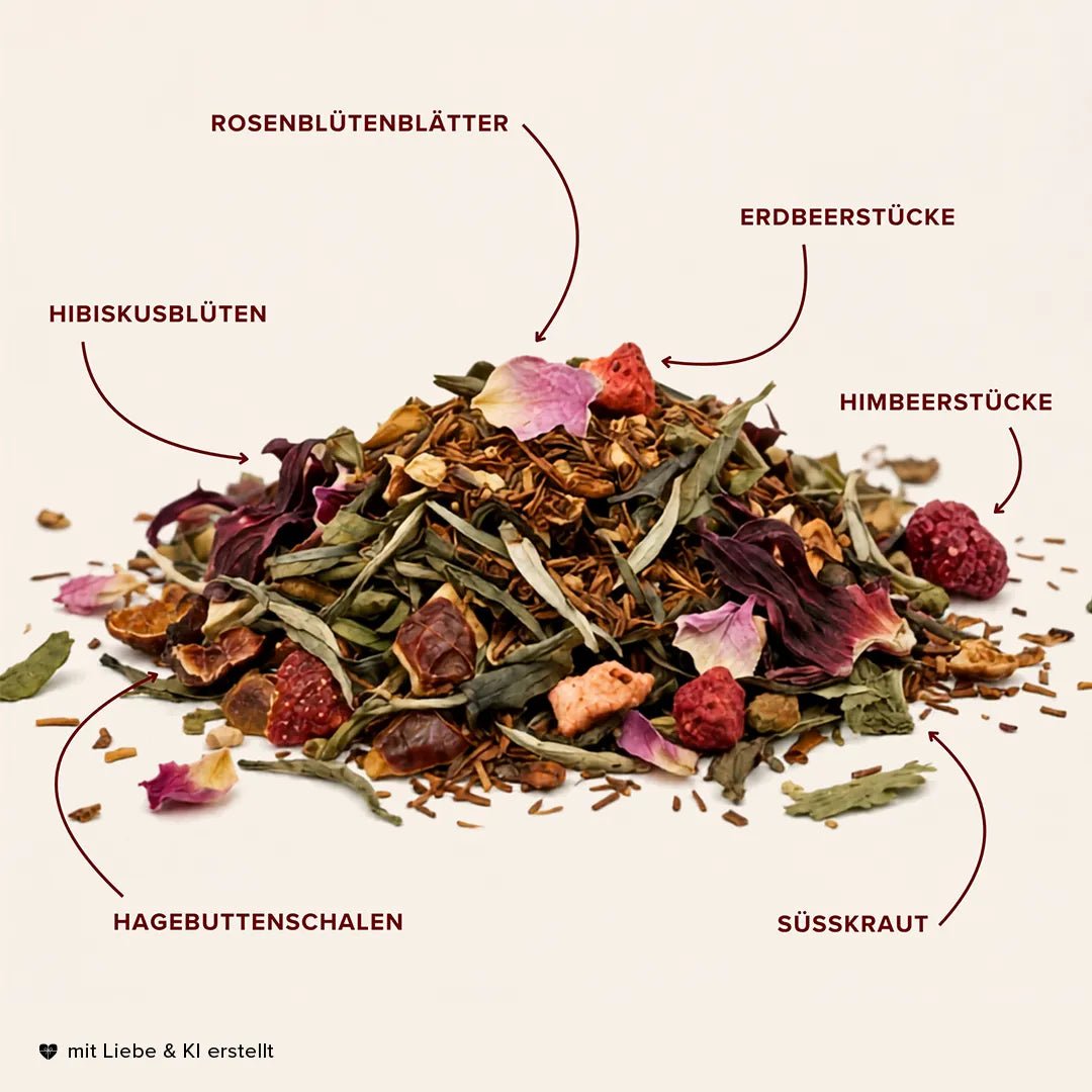 Fruchtige Teemischung mit Erdbeer- und Himbeerstücken, Hibiskus und Rosenblüten
