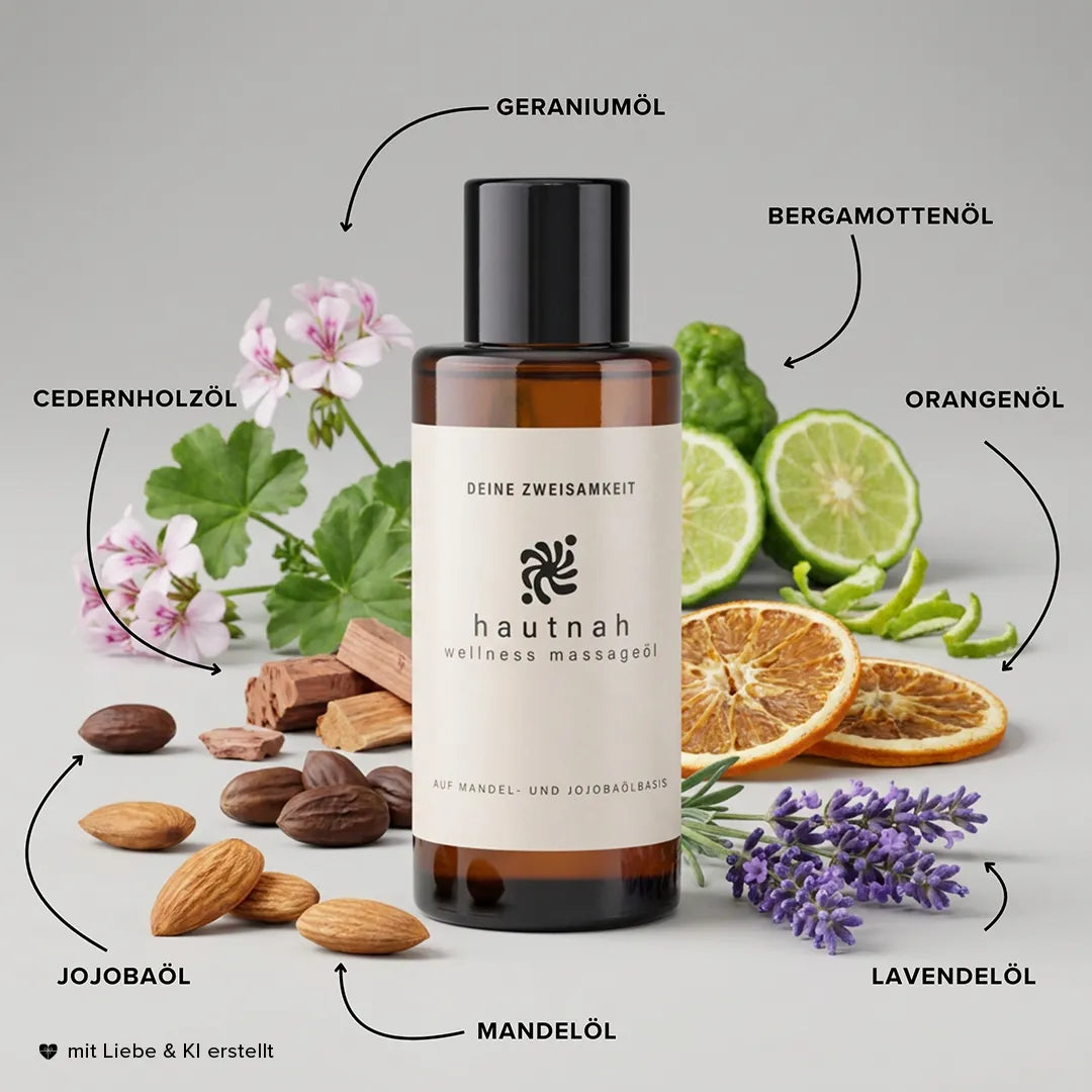 hautnah Wellness Massageöl mit Mandelöl, Jojobaöl, Lavendelöl, Orangenöl, Bergamottenöl und weiteren Duftölen