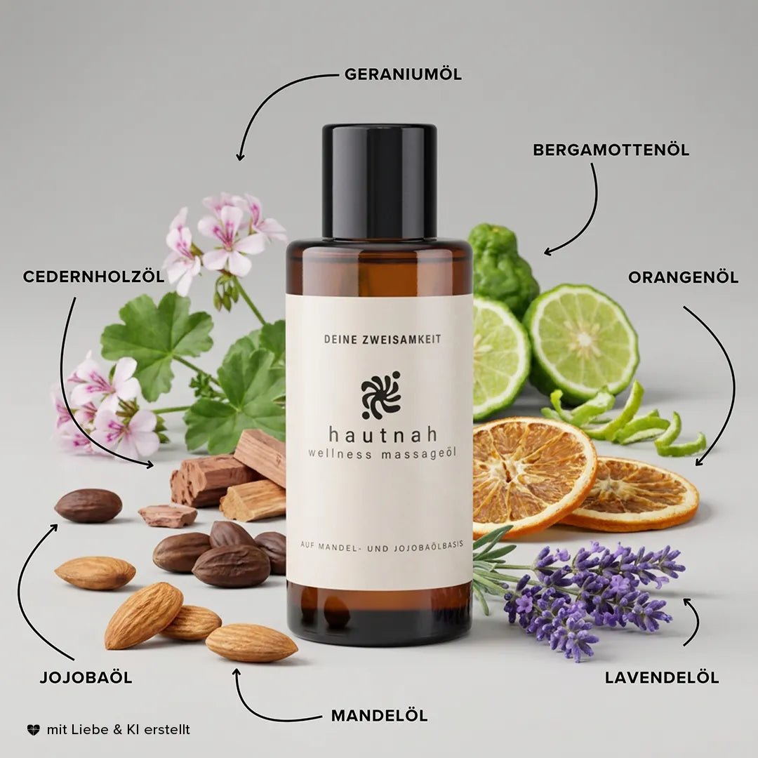 hautnah Wellness Massageöl mit Mandelöl, Jojobaöl, Lavendelöl, Orangenöl, Bergamottenöl und weiteren Duftölen